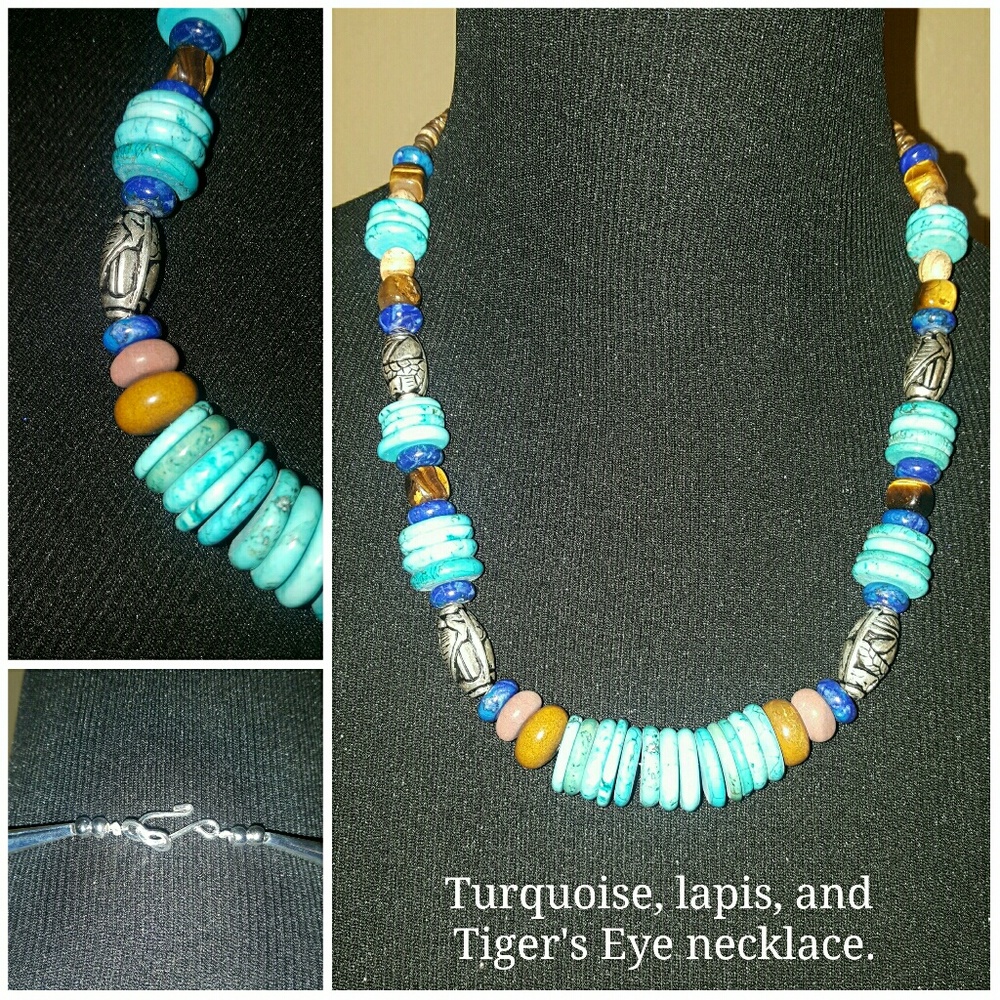 Turquoise, blue lapis, and Tiger's eye necklace